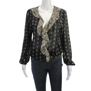 Senlis Womens Bohemian Paisley V-Neck Long Sleeve Blouse Black Polyester Size S
